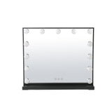 Rectangle LED makeup vanity mirror with black frame and round bulbs around the edges