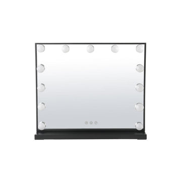 Rectangle LED makeup vanity mirror with black frame and round bulbs around the edges