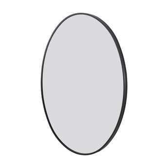 Oval wall-mounted bathroom mirror with black edge frame and reflective glass