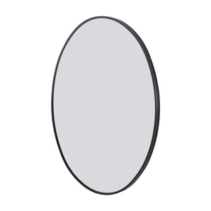 Oval wall-mounted bathroom mirror with black edge frame and reflective glass