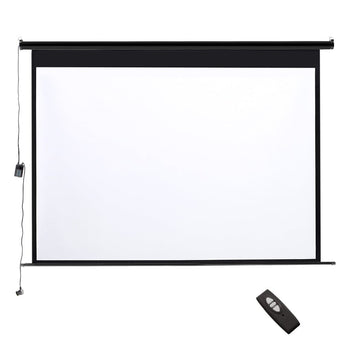 Motorized electric projector screen, blank white view with black frame