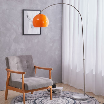 Adjustable arch LED floor lamp with orange dome shade and round marble base