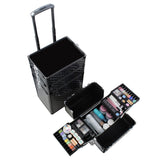 Black 76 cm makeup case open, organizer drawers with brushes, palettes, and bottles