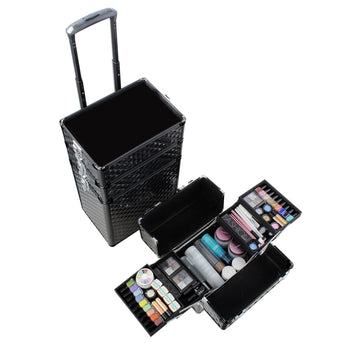 Black 76 cm makeup case open, organizer drawers with brushes, palettes, and bottles