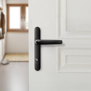 Black lever door handle with long backplate, no lock cylinder