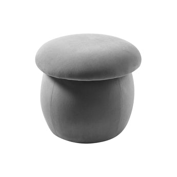Grey round upholstered footstool, mushroom shape with padded seat