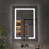 Wall-mounted LED mirror cabinet with bright glowing border and touch control icons