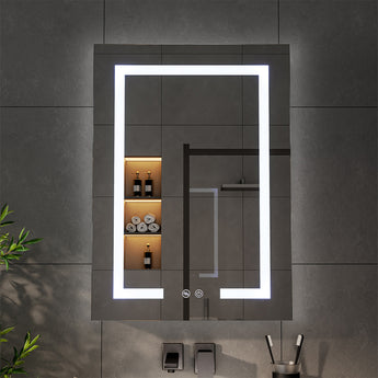 Wall-mounted LED mirror cabinet with bright glowing border and touch control icons