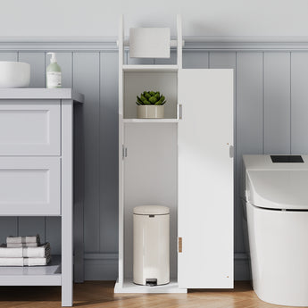 White bathroom toilet roll cabinet with open door and top shelf