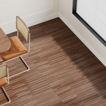 Wood-grain self-adhesive PVC plank flooring, warm medium-brown boards