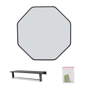 Octagonal black-framed wall mirror with towel shelf and included hardware bag