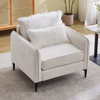 Linen sofa armchair with off-white seat and back cushions plus two throw pillows