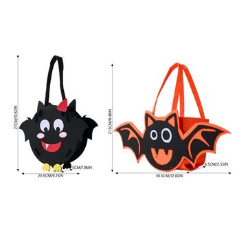 Bat and cat felt tote bags, front view with handles, black and orange