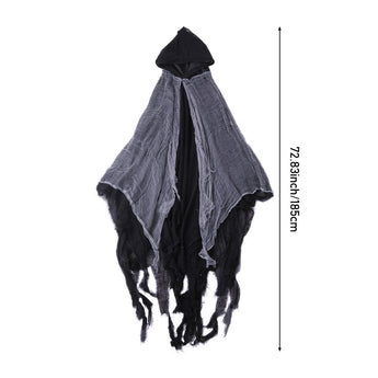 Gray hooded Halloween cape with jagged black lining and draped fringe, no mask