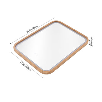 Wall-mounted LED vanity mirror, rounded square wood frame, 31.5 in x 23.8 in size