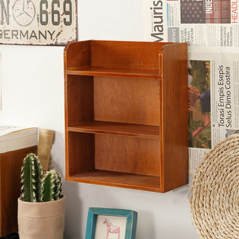 3-tier tabletop wooden storage rack with three open compartments and angled top shelf