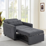 Dark grey sofa bed chair in sleeper position with pull-out base extended