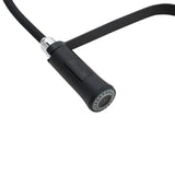 Black handheld sprayer head with textured nozzle and coiled hose