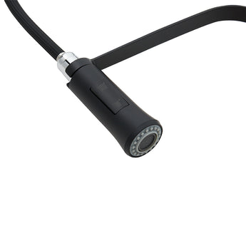 Black handheld sprayer head with textured nozzle and coiled hose