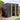 Charcoal black metal garden storage shed with open double sliding doors and interior storage