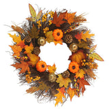 Halloween wreath close-up with orange pumpkins, oak leaves, pinecones, and berry clusters