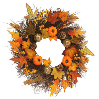 Halloween wreath close-up with orange pumpkins, oak leaves, pinecones, and berry clusters