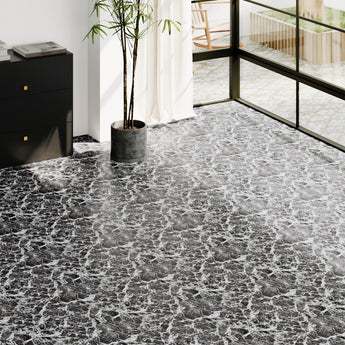 Marble-effect vinyl floor tile in dark gray with white veining, waterproof style