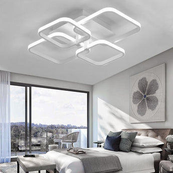 Modern white LED ceiling fixture, semi-recessed design with four lit square modules