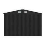 Metal storage shed side wall with two roof vents on a black apex roof