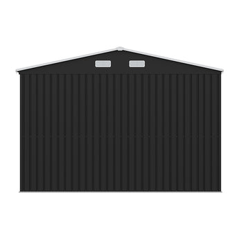 Metal storage shed side wall with two roof vents on a black apex roof