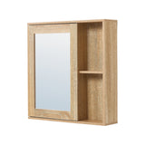 Wall mounted bathroom mirror cabinet with light wood grain frame and fixed open shelves