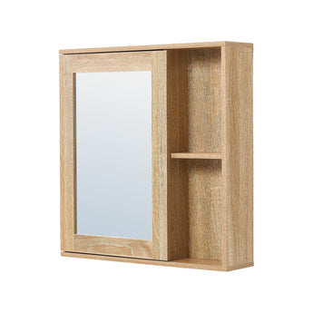 Wall mounted bathroom mirror cabinet with light wood grain frame and fixed open shelves
