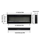 Black 70-inch electric fireplace dimensions diagram with side wall-mount brackets