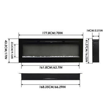 Black 70-inch electric fireplace dimensions diagram with side wall-mount brackets