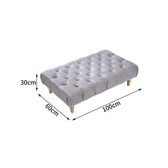 Rectangular velvet footstool, 100x60x30 cm, button-tufted light gray