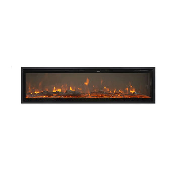 Black electric fireplace with glass viewing window and realistic orange flames