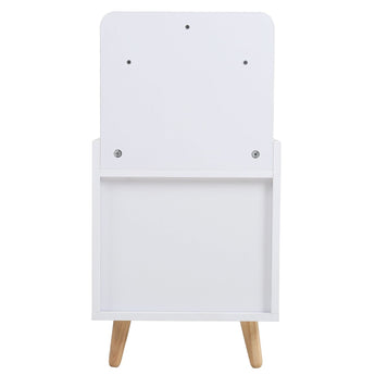 White wooden bedside table back panel with open compartment and four corner screws