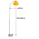 Maßskizze Stehlampe: 92 cm Breite, 145–220 cm Höhe, 30 cm Fuß