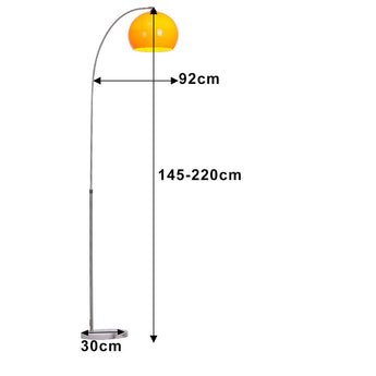 Maßskizze Stehlampe: 92 cm Breite, 145–220 cm Höhe, 30 cm Fuß