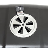 Close-up of lid vent with circular fan design on dark gray grill
