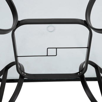 Table parasol hole in center of glass top with black support frame