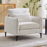 Linen sofa armchair in off-white with armrests, two pillows, and black legs