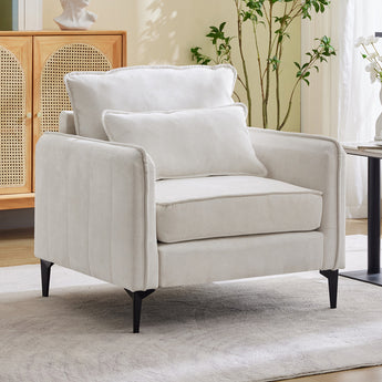 Linen sofa armchair in off-white with armrests, two pillows, and black legs