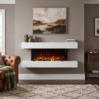 White wall-mounted electric fireplace with orange flames and dark burner base