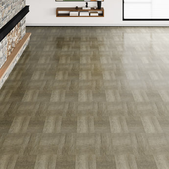 Wood-effect vinyl floor tile in medium gray with herringbone woodgrain texture