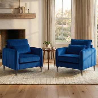 Pair of blue single armchair sofas with padded arms and upholstered backrest