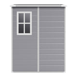 Gray plastic garden storage shed front panel with window and pent roof