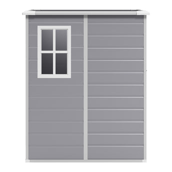 Gray plastic garden storage shed front panel with window and pent roof