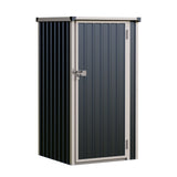 Anthracite metal garden storage shed with closed double doors and lock plate