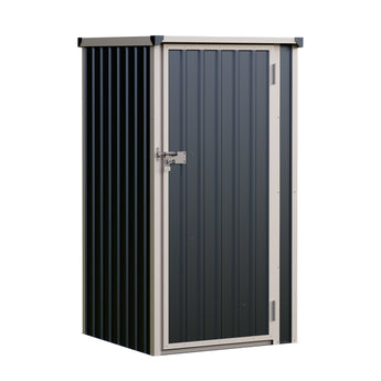 Anthracite metal garden storage shed with closed double doors and lock plate